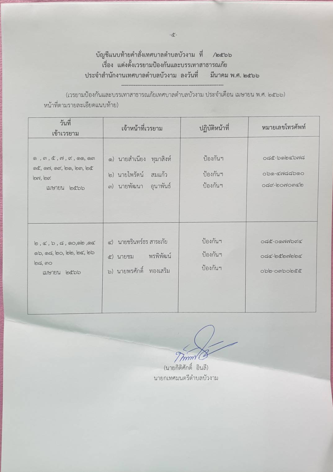 เวรยามรักษาสถานที่ราชการเดือนเมษายน2566 (งานป้องกันและบรรเทาสาธา